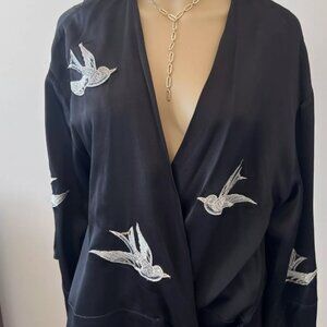 Zara Women's Sz M-L Kimono Top Satin Black Bird Embroidery  Wrap Blouse